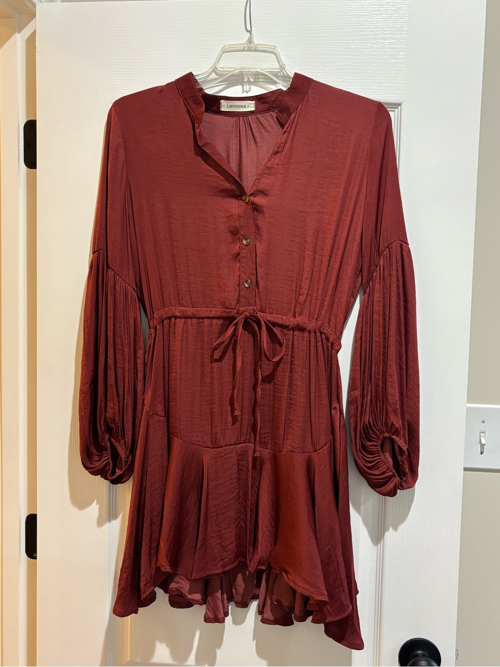 Lavender Brown Long-Sleeve Tie-Waist Mini Dress